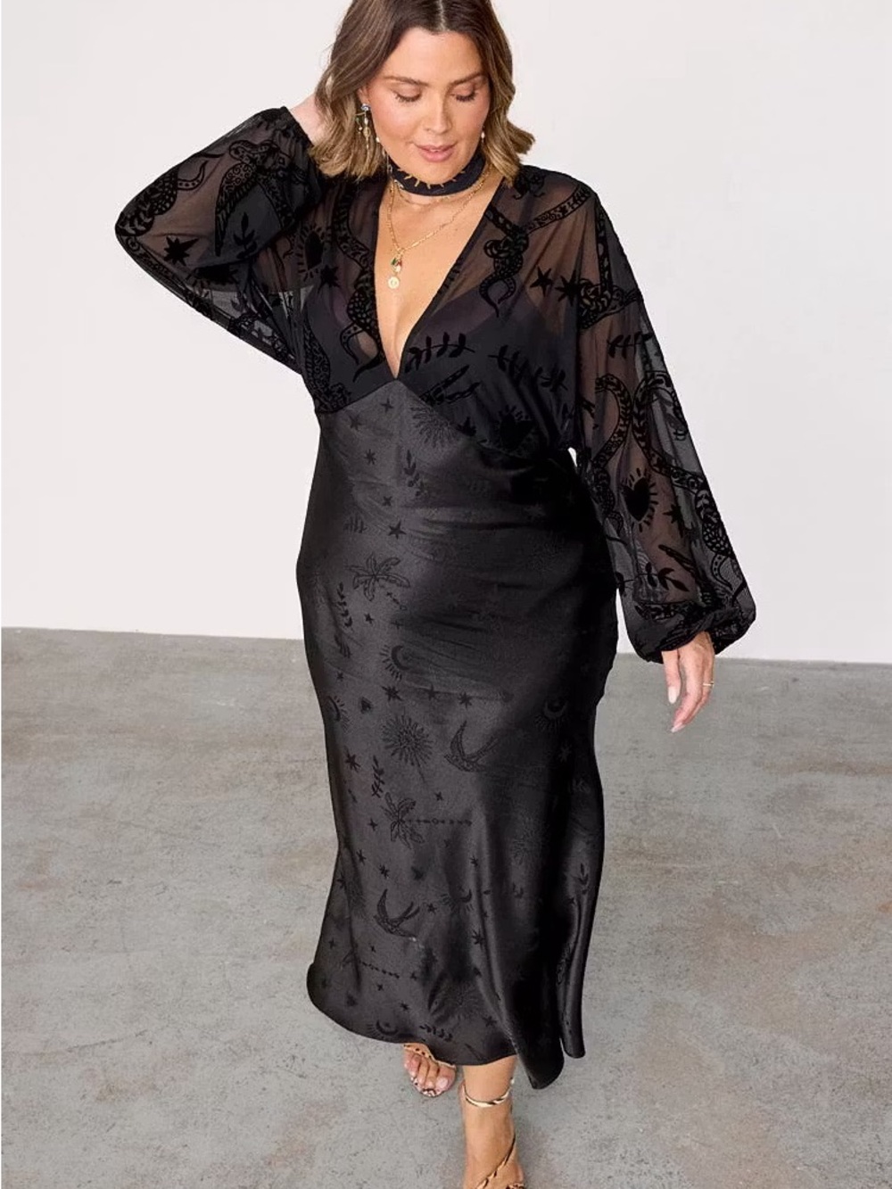 Never Fully Dressed Black Satin Slip Dress with Sheer Embellished Bodice